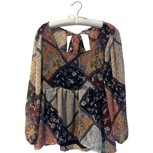 American Eagle Outfitters Women's Square Neck Babydoll  Boho Patchwork Blouse